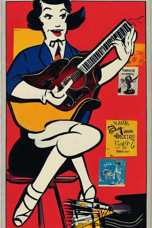 Prompt: guitar in the style of a 50s by Frank Hampson and mcbess, 1950s