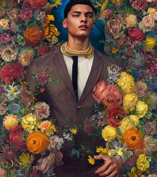 Image similar to portrait of a very handsome peruvian male model, surrounded by flowers by karol bak, james jean, tom bagshaw, rococo, trending on artstation, cinematic lighting, hyper realism, octane render, 8 k, hyper detailed.