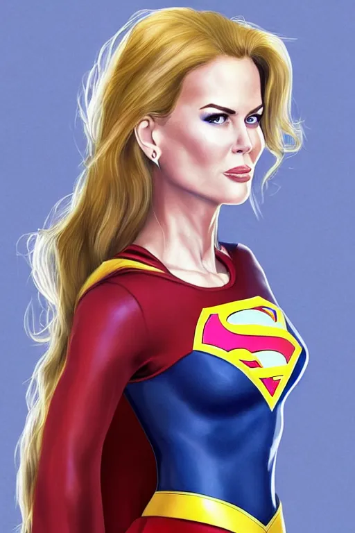 Image similar to portrait of a mix of beautiful young nicole kidman, maria shriver, mariel hemmingway, brooke shields and elle macpherson as supergirl, thin lips, hair tied up in a pony tail, colorful artstation, cgsociety