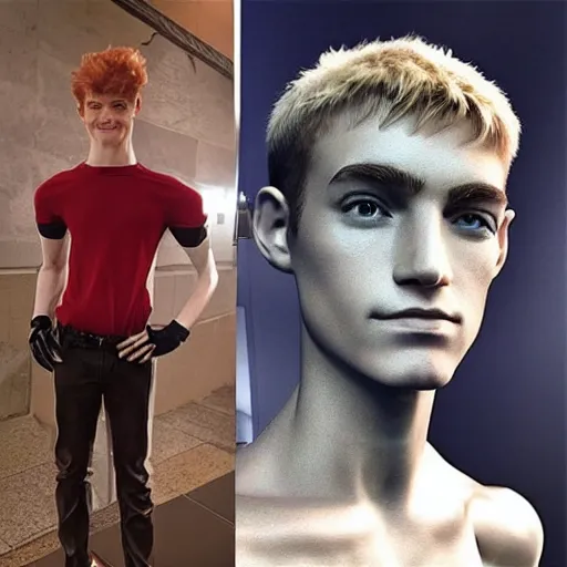 Image similar to “a realistic detailed photo of a guy who is an attractive humanoid who is half robot and half humanoid, who is a male android, twitch streamer Ninja Tyler Blevins, shiny skin, posing like a statue, blank stare”