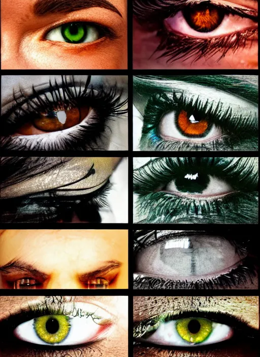 Image similar to grid montage of eyes, detailed colored textures, eyelashes, advanced art, art styles mix, from wikipedia, wet reflections in eyes, sunshine light, hd macro photograph, from side, various eyelid positions, square black pupil centered