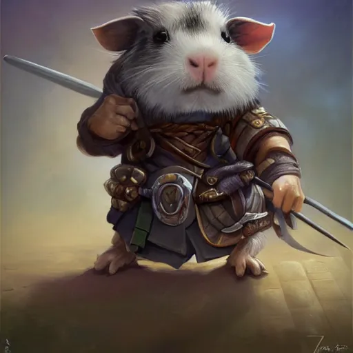 Image similar to cute little anthropomorphic Guinea Pig Samurai , tiny, small, short, Samurai outfit, cute and adorable, pretty, beautiful, DnD character art portrait, matte fantasy painting, DeviantArt Artstation, by Jason Felix by Steve Argyle by Tyler Jacobson by Peter Mohrbacher, cinematic lighting