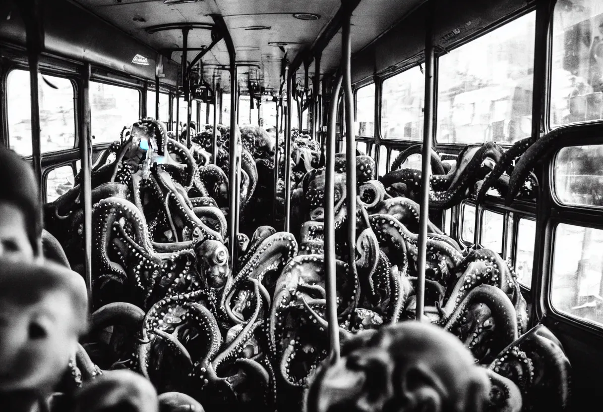 Prompt: 1 6 mm lens photo of a interior of a crowded bus in a moment of terror, there is a huge monster octopus trying to break in, octopus beak can be seen, arms creeping in thrugh the windows, people are scared and screaming while trying to flee through the windows and doors,