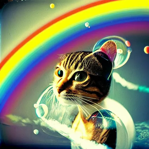 Prompt: Rainbow Lomotype candid photography of an astronaut brown tabby cat with a bubble as a helmet, visiting Saturn, surrounded by bubbles