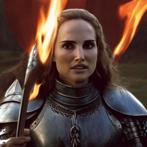 Image similar to a still from “ lord of the rings ” of a head and shoulders portrait of natalie portman as a heavily armored paladin with a flaming sword, photo by phil noto
