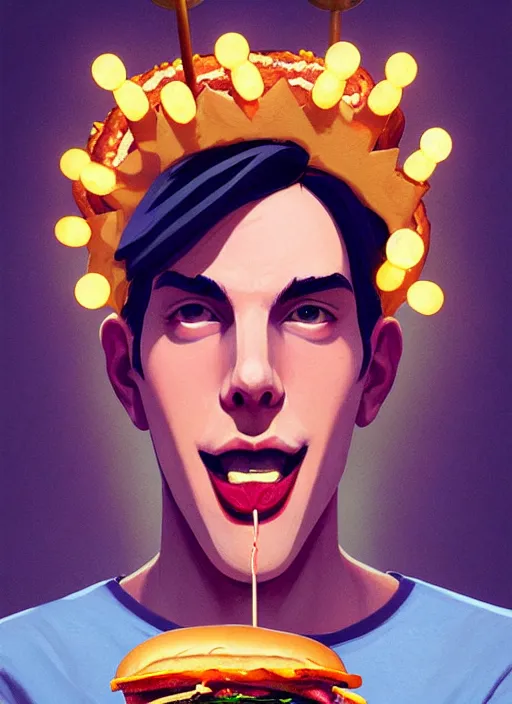 Image similar to portrait of jughead jones, eating a hamburger, wearing a crown, eyes closed, intricate, elegant, glowing lights, highly detailed, digital painting, artstation, concept art, smooth, sharp focus, illustration, art by wlop, mars ravelo and greg rutkowski