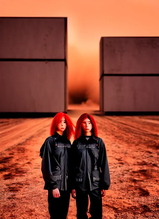 Image similar to photographic portrait shot on cinestill 5 0 d of two loving clones, techwear women on a desolate plain with a red sky, diverse, in front of a brutalist dark metal facility, dust storm, 3 5 mm, 8 k, depth of field, high resolution, ultra realistic faces