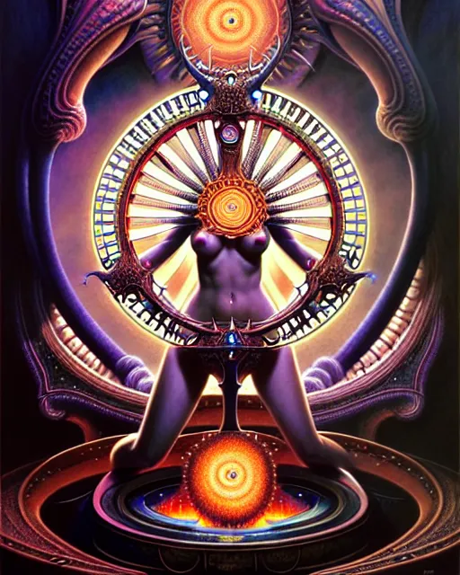 Image similar to the wheel of fortune tarot card, fantasy character portrait made of fractals, ultra realistic, wide angle, intricate details, the fifth element artifacts, highly detailed by peter mohrbacher, hajime sorayama, wayne barlowe, boris vallejo, aaron horkey, gaston bussiere, craig mullins