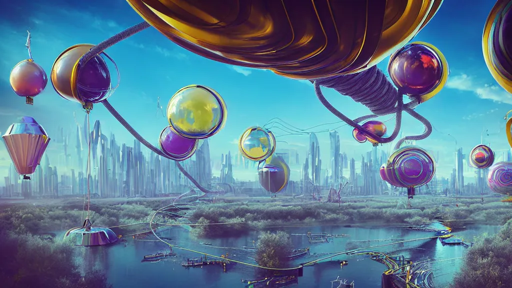 Image similar to large colorful futuristic space age metallic steampunk balloons with pipework and electrical wiring around the outside, and people on rope swings underneath, flying high over the beautiful futuristic city landscape, professional photography, 8 0 mm telephoto lens, realistic, detailed, digital art, unreal engine