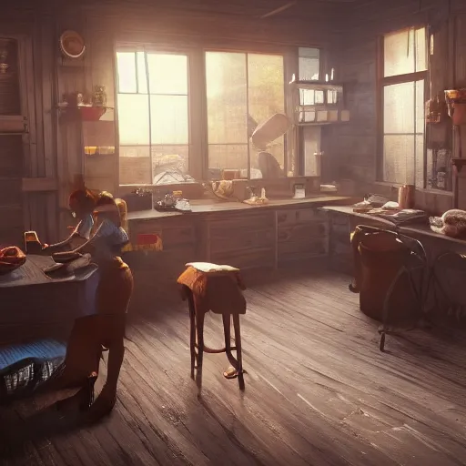 Prompt: Interior of a western style trade spot with a person on the counter, 4k, artstation, cgsociety, cinematic lighting