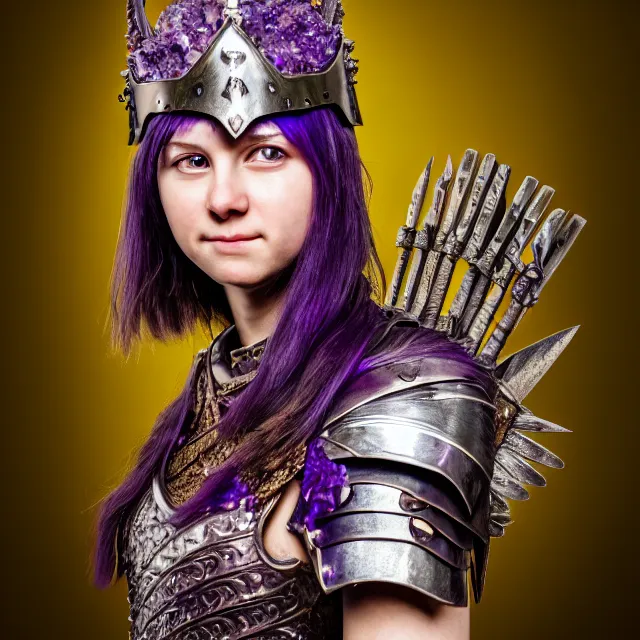 Image similar to photo of a beautiful cute warrior queen wearing amethyst encrusted armour, highly detailed, 4 k, hdr, smooth, sharp focus, high resolution, award - winning photo