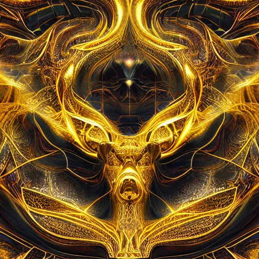 Image similar to a beautiful symmetrical being made of golden ornaments by android jones, 3D, 8k resolution