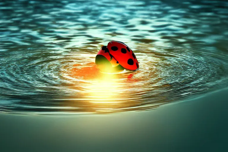 Prompt: ladybird swimming in a pool of water, sunset, evening light, cinematic, fantasy art, trending on artstation, highly detailed, digital painting, volumetric light