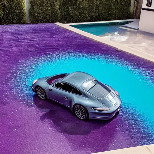 Image similar to a house made of translucent purple colored water in high quality with a porsche 9 1 1