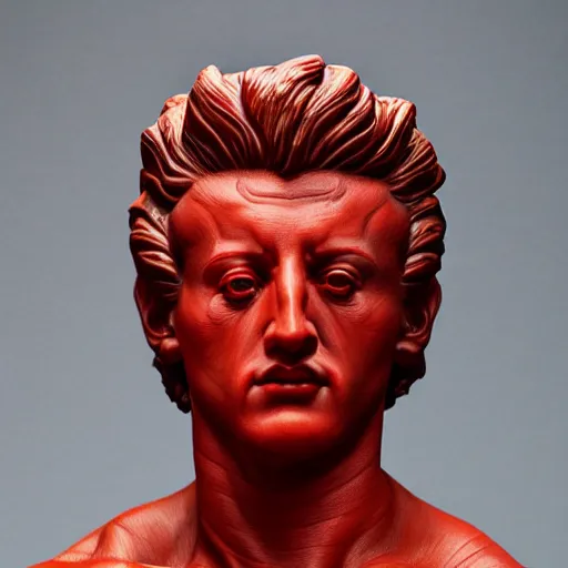 Prompt: museum young stallone portrait statue monument made from porcelain brush face hand painted with iron red dragons full - length very very detailed intricate symmetrical well proportioned