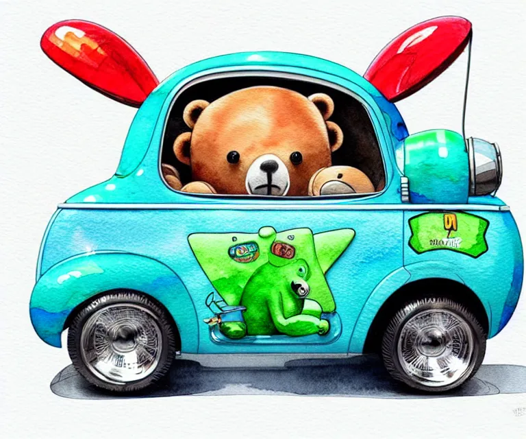 Prompt: cute and funny, koalabear wearing a helmet riding in a tiny hot rod with an oversized engine, ratfink style by ed roth, centered award winning watercolor pen illustration, isometric illustration by chihiro iwasaki, edited by range murata, tiny details by artgerm and watercolor girl, symmetrically isometrically centered, sharply focused