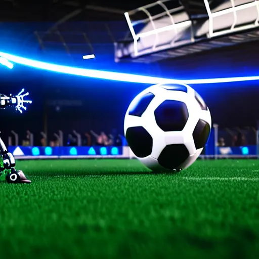 Image similar to a cyberpunk robot kicking a soccer ball in a soccer game, hyperrealistic, unreal engine, octane render, 3 d, 8 k, make it look like it was made by dall - e 2