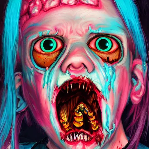 Prompt: a very detailed portrait of an angry zombie baby with bulging eyes, exaggerated proportions, cyan and fuchsia punk hair, by sam spratt, loish, tristan eaton, forward facing, symmetrical composition, vibrant colors, 8 k resolution, trending on cgsociety