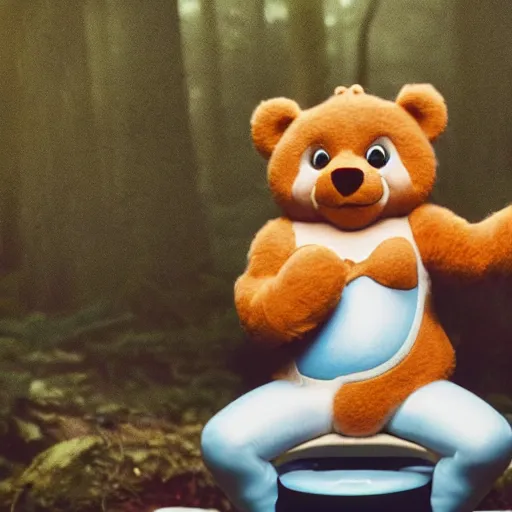 Image similar to candid photo of Teddy Ruxpin in the woods, sitting on the porcelain throne, playing with fire by Annie Leibowitz, photorealisitc, extremely detailed