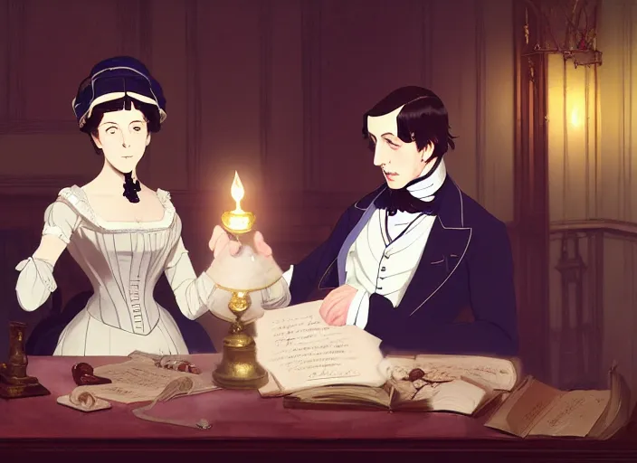 Prompt: victorian britain 1 8 3 6, wealthy couple william and fanny nightingale entertain guests in english victorian manor, adolecent florence nightingale reciting poetry, lamp light, finely detailed perfect art, gapmoe yandere grimdark, trending on pixiv fanbox, painted by greg rutkowski makoto shinkai takashi takeuchi studio ghibli