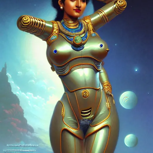 Image similar to Futuristic laxmi Indian Goddess in a robot spacesuit, sci-fi, fantasy, intricate, beautiful, elegant, attractive, indian goddess of wealth, highly detailed, digital painting, artstation, masterpiece, concept art, smooth, sharp focus, art by artgerm, hajime sorayama, William-Adolphe Bouguereau and greg rutkowski