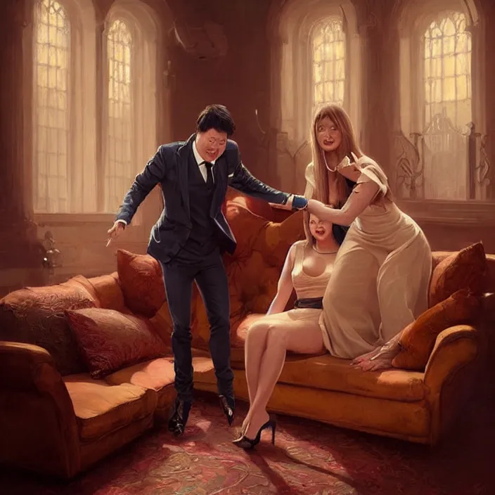 Image similar to portrait of michael mcintyre leaving on a sofa with a singing waitress, elegant, real life skin, intricate artwork, high detailed, artstation, concept art, smooth, sharpz focus, art by artgerm and greg rutkowski