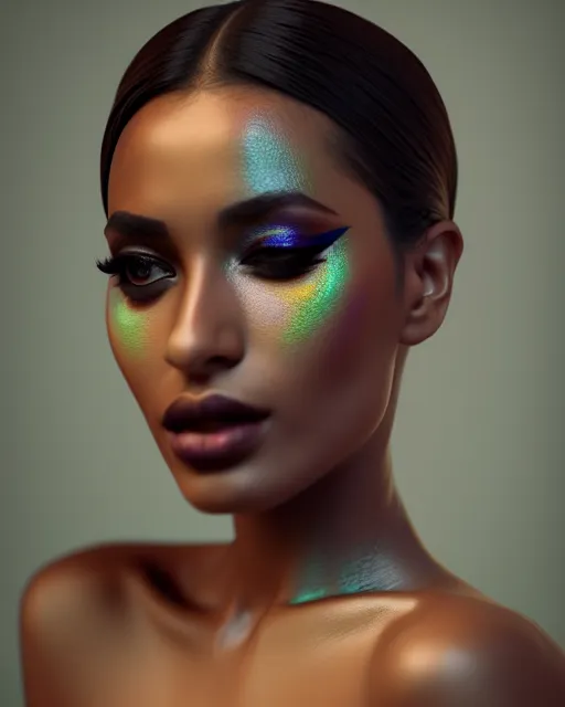 Prompt: beautiful female, arabic, haze, model, brown skin, intricate, filter, symmetrical face, makeup, sephora, maybelline, studio, reflections, cinematic, filmic, vsco, concept art, artstation, elegant, model, gorgeous, vray, flim, octane render, ambient occlusion, prism details