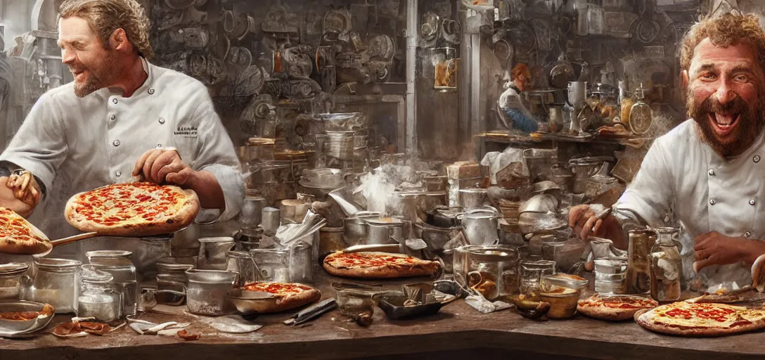 Prompt: a chef inventing the pizza, pots and pans, ingredients, jars, happy, hyper detailed, 8k, james gurney, greg rutkowski, john howe, artstation