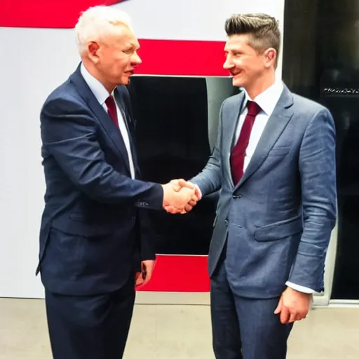 Image similar to jarosław kaczynski shaking hands with robert lewandowski