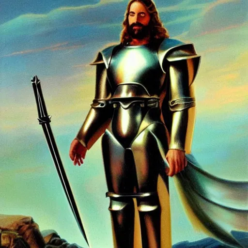 Prompt: full body portrait of Jesus wearing futuristic battle armor with a Damascus sword by boris vallejo