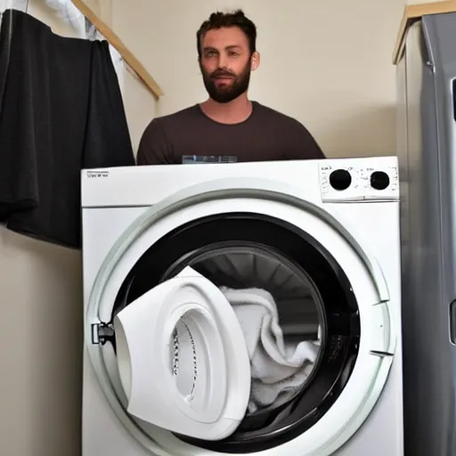 Image similar to A gigachad of a man is showing off his new washing machine