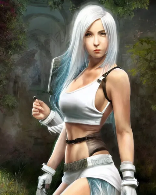 Image similar to tifa lockhart with white hair, beautiful face, garden, utopian city, solarpunk, perfect, attractive, illuminated, ultra realistic, atmosphere, cinematic, artstation, highly detailed