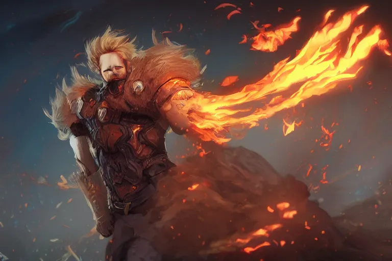 Prompt: Digital art of Lucius with fluffy curly blond hair, throwing a wild fire blast from his hands, with a vicious smile in face. Genetically engineered super soldier in a scorched land with a black roiling sky. Epic artstation league of legends splash art