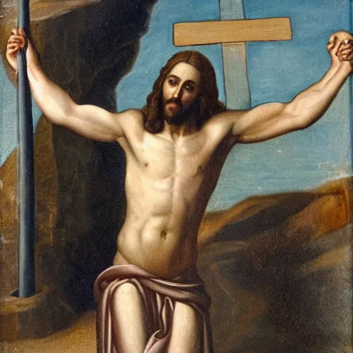 Image similar to jesus on his cross in a pool with water up to his waist