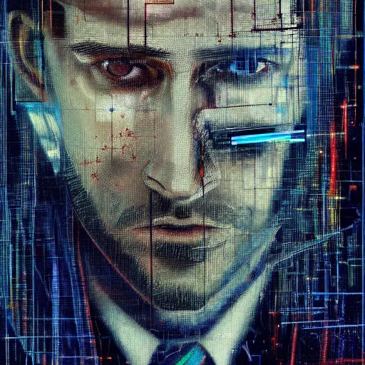 Prompt: hyperrealistic portrait of a cyberpunk man, long hair, by Guy Denning, Johannes Itten, Russ Mills, glitch art, glitch eyes, hacking effects, glitch effects, digital tech effects, cybernetics, detailed lines, chromatic, color blocking!, oil on canvas, highly detailed, symmetrical, octane, concept art, abstract, blue and black, 8k, cinematic, trending on artstation