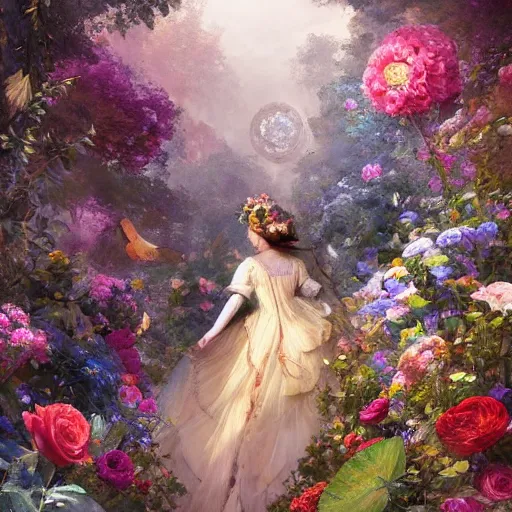Prompt: portrait of a victorian woman running up a hill of exotic flowers, giant mushrooms, and roses, from behind, streets, birds in the sky, sunlight and rays of light shining through trees, tall buildings on the sides, beautiful, solarpunk!!!, highly detailed, digital painting by Michael Garmash and Peter Mohrbacher
