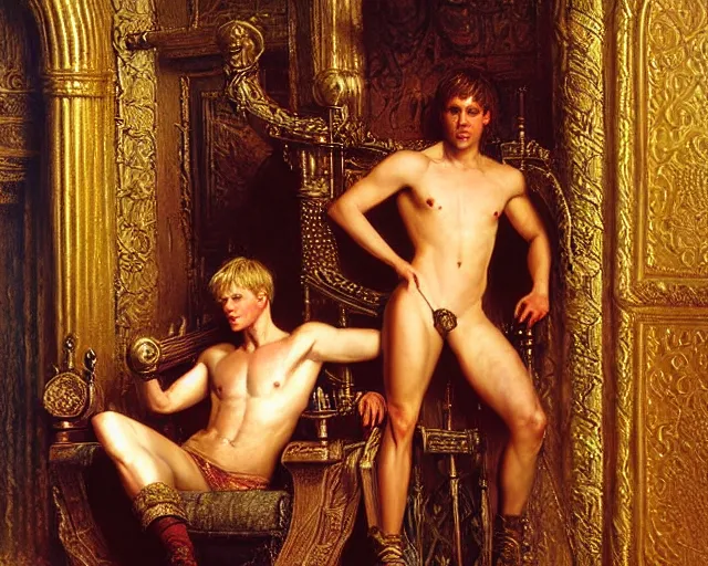 Prompt: attractive arthur pendragon shirtless but wearing pants, posing in the throne room of camelot highly detailed painting by gaston bussiere, craig mullins, j. c. leyendecker