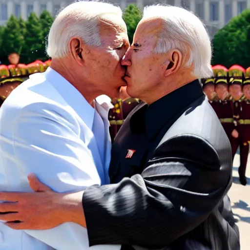 Prompt: kim jong un kissing joe biden