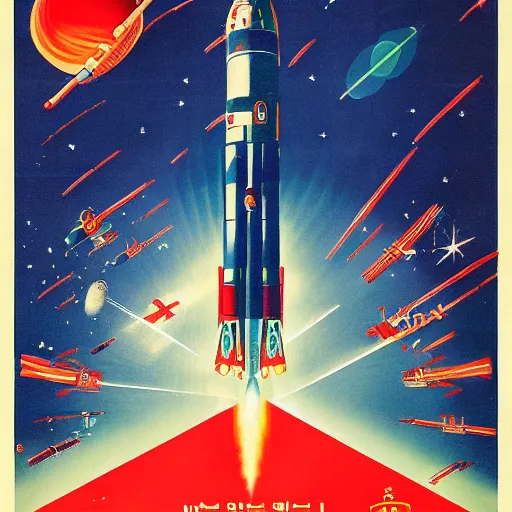 Prompt: [North Korean space mission, 1950 poster, very detailed, cinematic lighting, matte, sharp, photography]