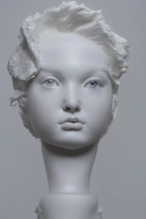 Image similar to full head and shoulders, beautiful female porcelain sculpture by daniel arsham and raoul marks, smooth, all white features on a white background, hair piled high like ice - cream, delicate facial features, white eyes, white lashes, detailed white,