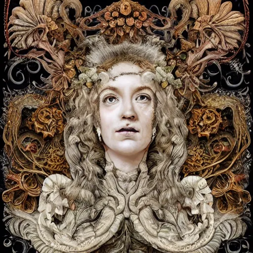 Prompt: a beautiful detailed front view baroque portrait of a rotten woman corpse with fractal plants and fractal flowers and mushrooms growing around, intricate, symmetrical, ornate, ornamentation, bones, art nouveau style