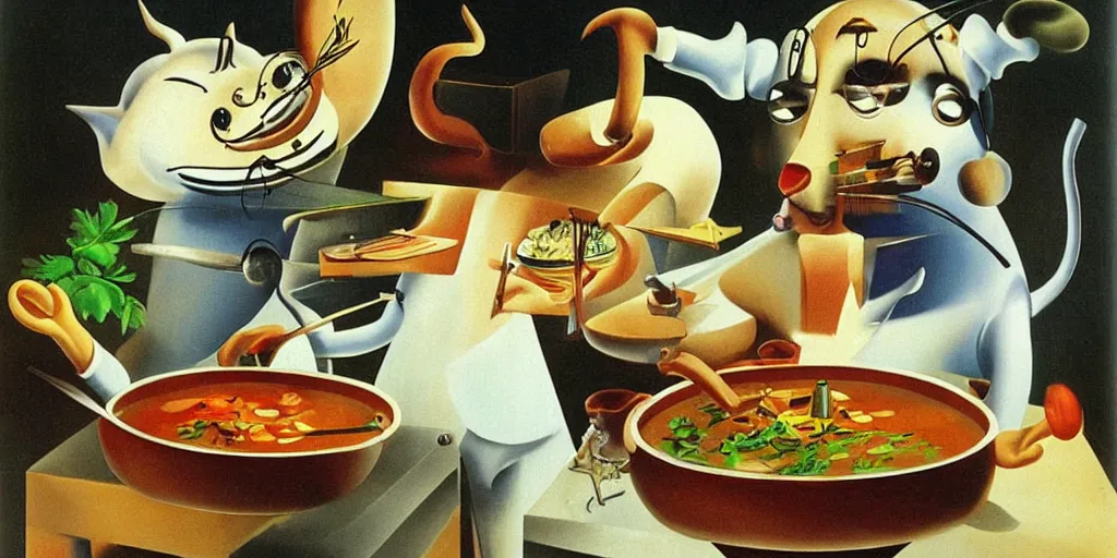 Image similar to anthropomorphic cats chef cooking a delicious colorful soup on TV show, by Salvador Dali