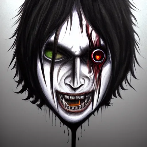 Prompt: beautiful painting of giant jeff the killer with a theatre embedded in its chest in the style of Welder Wings and H. R. Giger. Dark background, detailed, trending on Artstation