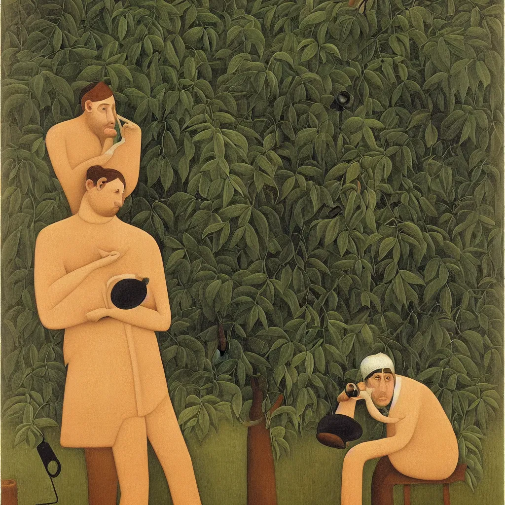 Image similar to i, a man wearing headphone and playing his iphone, by henri rousseau