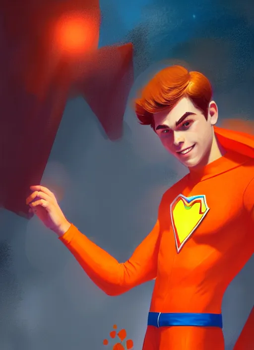 Image similar to kind teenage archie andrews wearing an orange superhero costume, superhero costume with heart emblem, cape, intricate, elegant, glowing lights, highly detailed, digital painting, artstation, sharp focus, illustration, art by wlop, mars ravelo and greg rutkowski