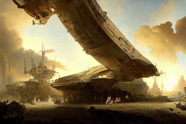Image similar to painting starship landing by hubert robert detailed