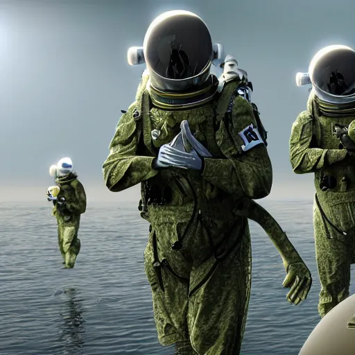 Image similar to frogman corps ( denmark ) in space waving hi, unreal engine 6, 4 k, hyper realistic, extremely detailed, coherent,.