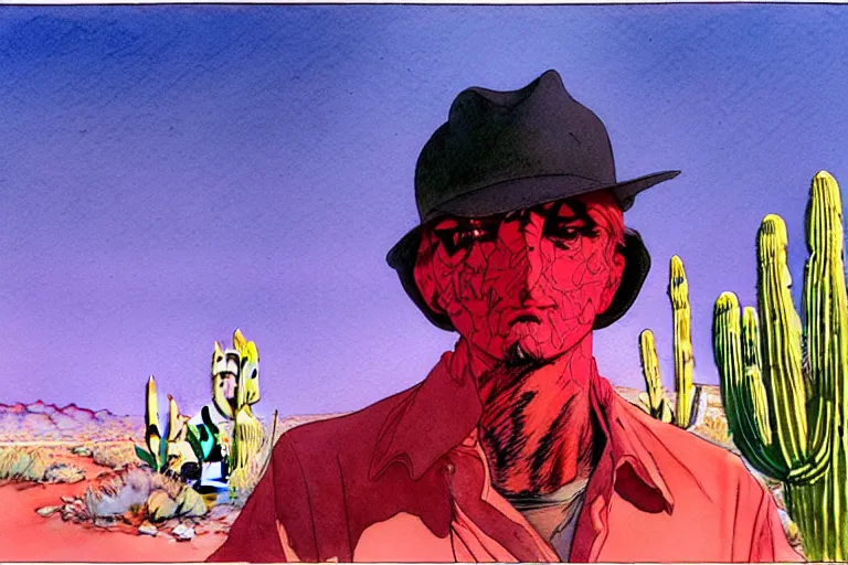 Prompt: a hyperrealist watercolour character concept art portrait of shadow figure, there is a strange light in the sky, utah desert highway. roses. neon lights. cactus. by rebecca guay, michael kaluta, charles vess and jean moebius giraud