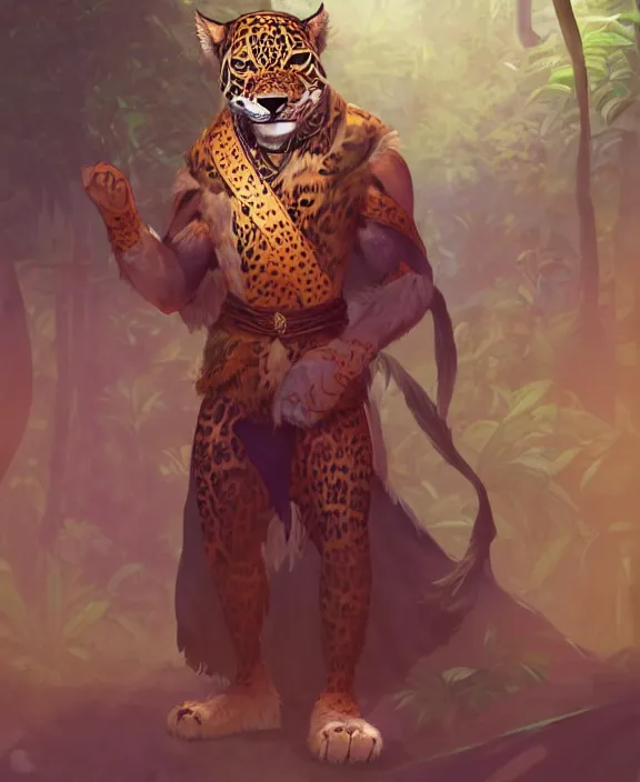 Image similar to character portrait feature of the anthro male anthropomorphic jaguar fursona animal person wearing shaman tribal outfit robes belt standing in the amazon rainforest, well framed character design stylized by charlie bowater, ross tran, artgerm, makoto shinkai, detailed, soft lighting, rendered in octane