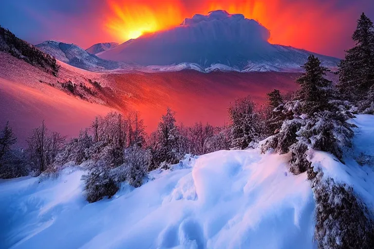 Image similar to amazing landscape photo of nuclear explosion in snowy mountains at sunset by marc adamus beautiful dramatic lighting